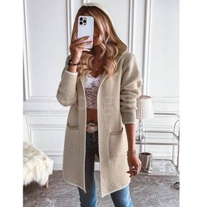 Hooded Knit Beige /Tan Open Cardigan Long Sleeves Hip Length w/ Pockets